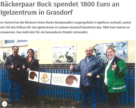 8. Dezember 2020 | Hannoversche Allgemeine | Bäckerpaar Buck spendet 1800 Euro an gelzentrum in Grasdorf