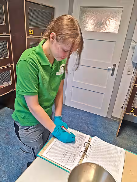Eine Frau in grünem Shirt steht an einem Tisch und füllt ein Protokoll in einem Ordner aus.