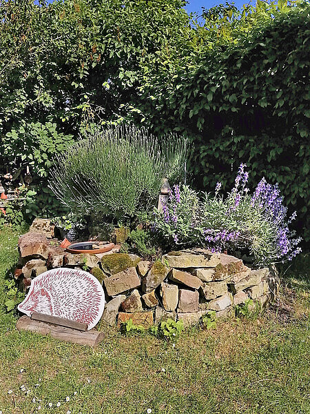 Eine Kräuterspirale in einem kleinen Garten