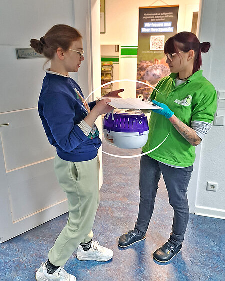 Eine Frau übergibt einer Mitarbeiterin die Transportbox mit dem Igel.
